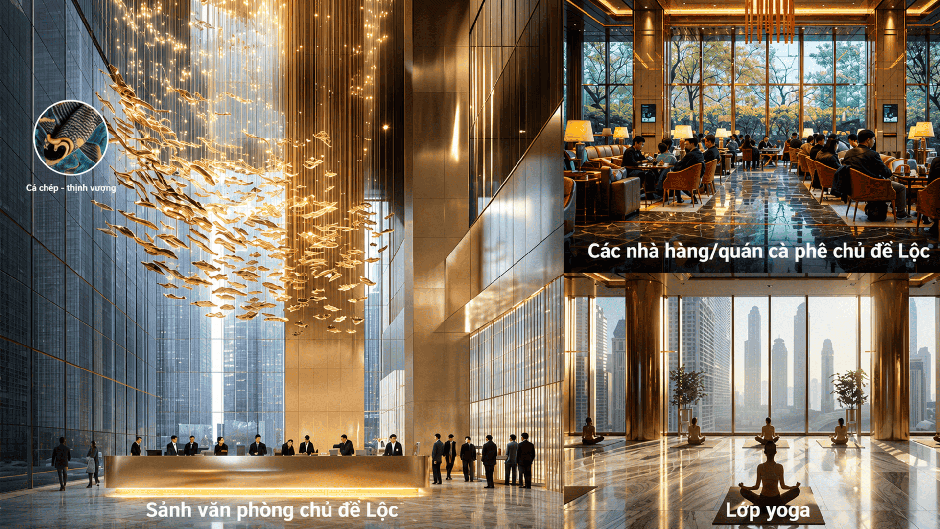 Không gian sảnh tại Sun Group Nhà Bè mang ý nghĩa tài lộc dồi dào, may mắn ngập tràn, được hiện thực hóa qua các mảng xanh tươi tốt cùng thiết kế phong thủy hài hòa cho cư dân.