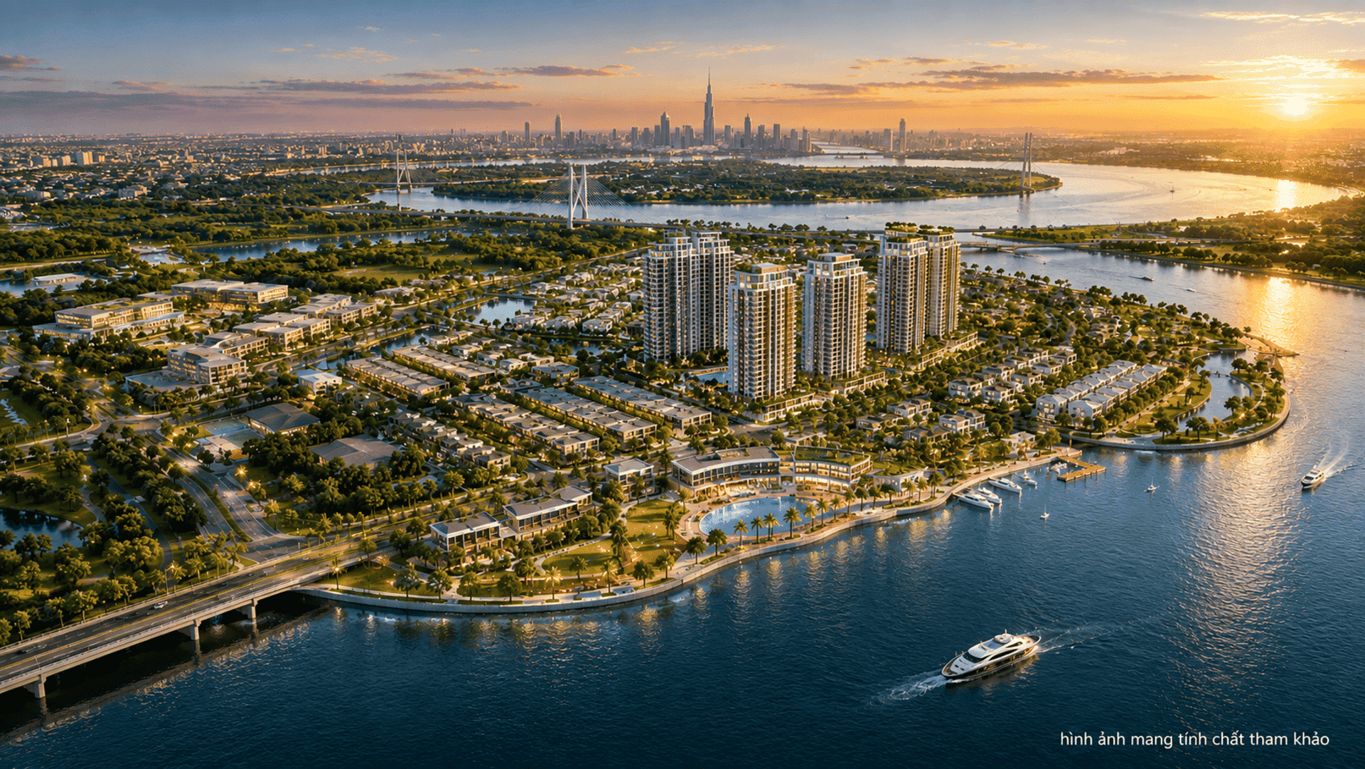 Phối cảnh khu đô thị Sun Group Nhà Bè với quy hoạch hiện đại gồm chung cư, nhà phố, biệt thự ven sông kết nối hoàn hảo, mở ra cơ hội an cư và đầu tư sinh lời vượt trội. Tổ hợp đô thị ven sông Sun Group Nhà Bè nâng tầm chuẩn sống Nam Sài Gòn, được phát triển bởi chủ đầu tư Sun Group.