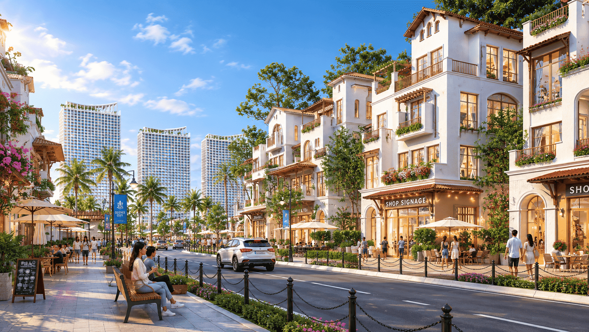 Phối cảnh tuyến nhà phố thương mại shophouse Sun Group Nhà Bè quy tụ hàng loạt thương hiệu quốc tế, hứa hẹn trở thành tâm điểm mua sắm, giải trí và ẩm thực sầm uất đêm ngày tại thành phố biển