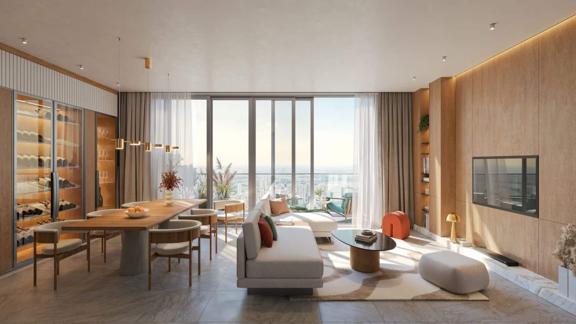 Thiết kế phòng khách căn hộ Sun Group Nhà Bè tràn ngập ánh sáng tự nhiên nhờ hệ thống kính chạm trần cao cấp, tối ưu hóa tầm nhìn panorama thoáng đãng và mang lại vẻ đẹp sang trọng. Thiết kế phòng khách căn hộ Sun Group Nhà Bè tràn ngập ánh sáng tự nhiên nhờ hệ thống kính chạm trần cao cấp, tối ưu hóa tầm nhìn panorama thoáng đãng và mang lại vẻ đẹp sang trọng.