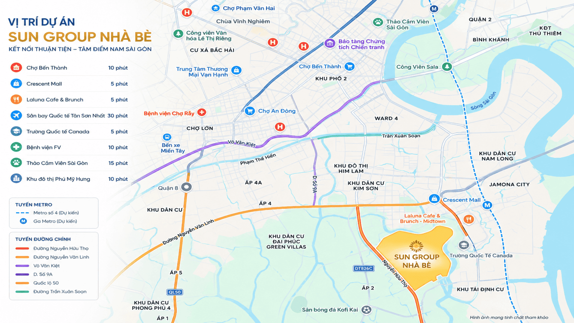 Khu đô thị Sun Group Nhà Bè tọa lạc đắt giá ven rạch Đỉa và đại lộ Nguyễn Hữu Thọ, quy tụ biệt thự, chung cư cùng hệ sinh thái đẳng cấp, nâng tầm chuẩn sống Nam Sài Gòn. Vị trí Sun Group Nhà Bè tọa lạc đắc địa tại giao lộ Nguyễn Hữu Thọ - Nguyễn Văn Linh, kết nối nhanh chóng Phú Mỹ Hưng.